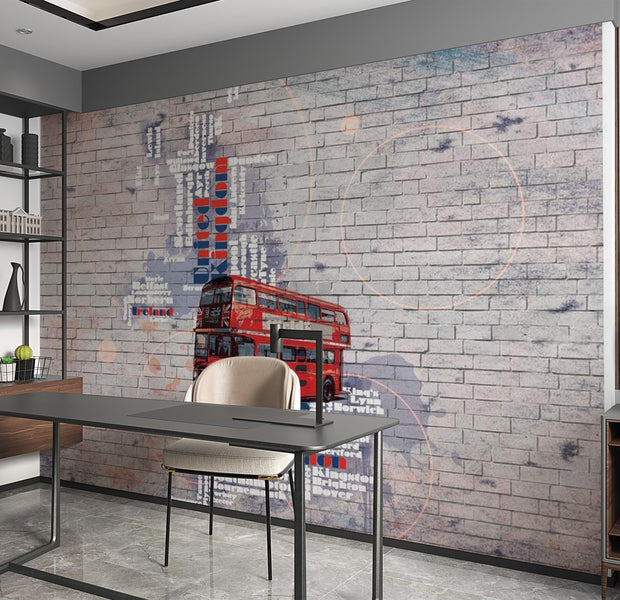 World Map Wallpaper Wall Mural - London & A Red Double Decker Bus