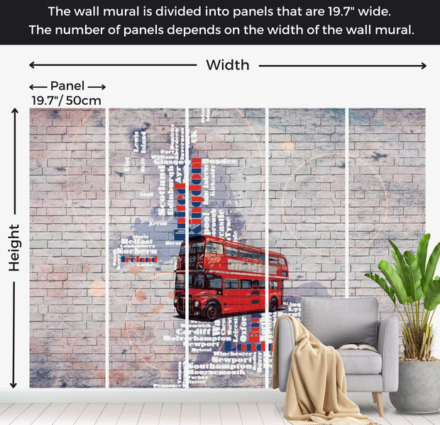 World Map Wallpaper Wall Mural - London & A Red Double Decker Bus 118"Wx90"H