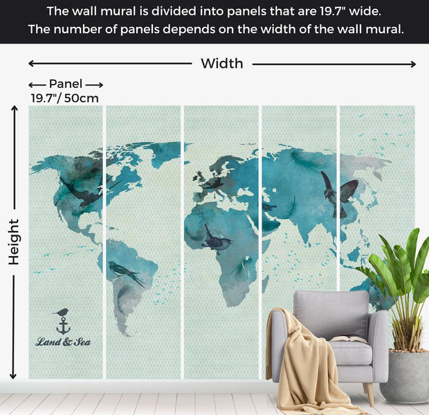 World Map Wallpaper Wall Mural - Bird Fantasy Map 118"Wx90"H
