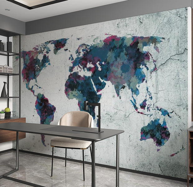 World Map Wallpaper Wall Mural - Map On Concrete Wall