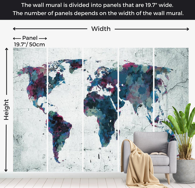 World Map Wallpaper Wall Mural - Map On Concrete Wall 118"Wx90"H
