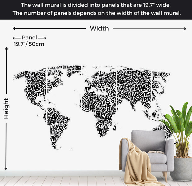 World Map Wallpaper Wall Mural - World Map In Letters 118"Wx90"H