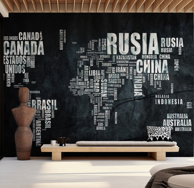 World Map Wallpaper Wall Mural - Country Names In Spanish 118"Wx90"H