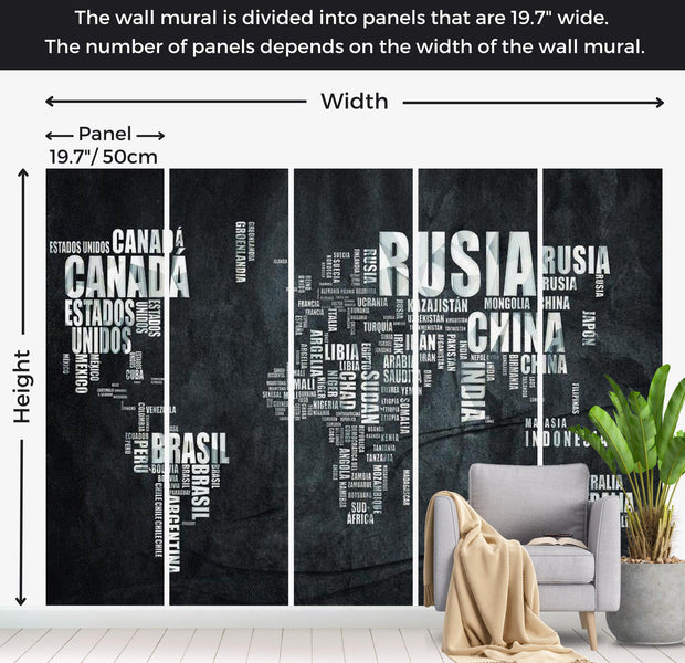 World Map Wallpaper Wall Mural - Country Names In Spanish