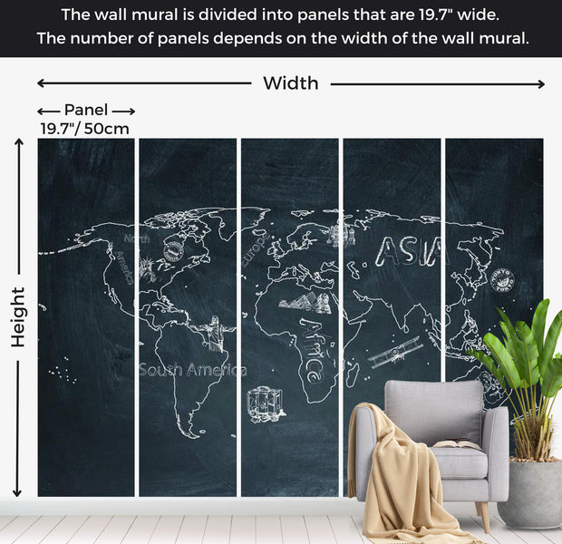 World Map Wallpaper Wall Mural - Map In Doodle Style 118"Wx90"H