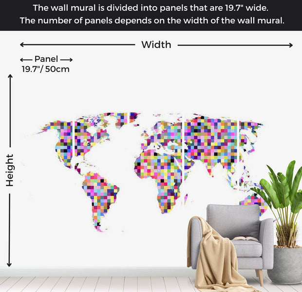 World Map Wallpaper Wall Mural - World In Colorful Squares 118"Wx90"H