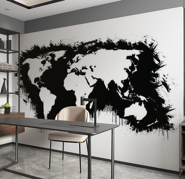 World Map Wallpaper Wall Mural - Map In Black & White