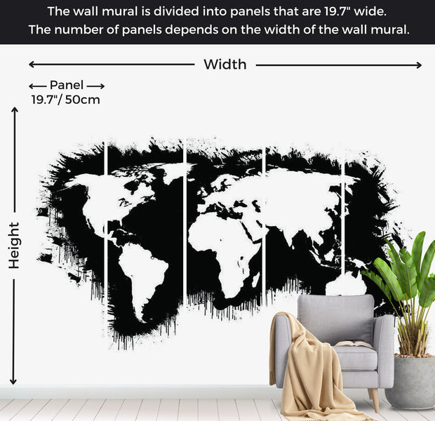 World Map Wallpaper Wall Mural - Map In Black & White 118"Wx90"H