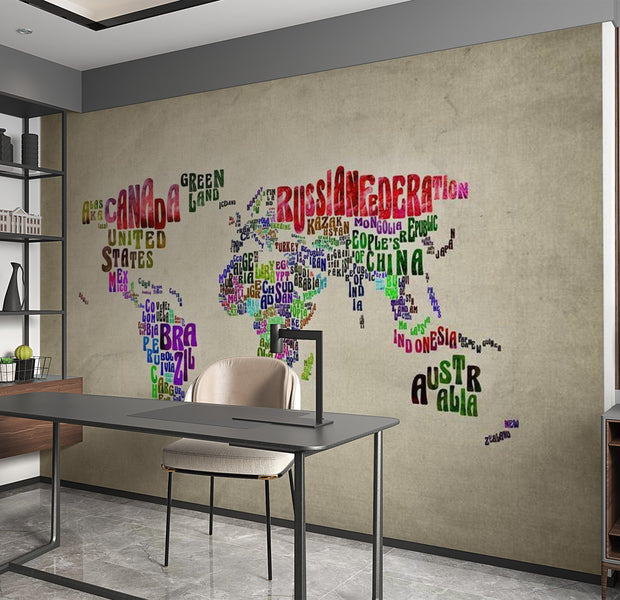 World Map Wallpaper Wall Mural - World In Names On Grey Background