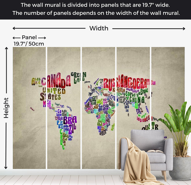 World Map Wallpaper Wall Mural - World In Names On Grey Background 118"Wx90"H