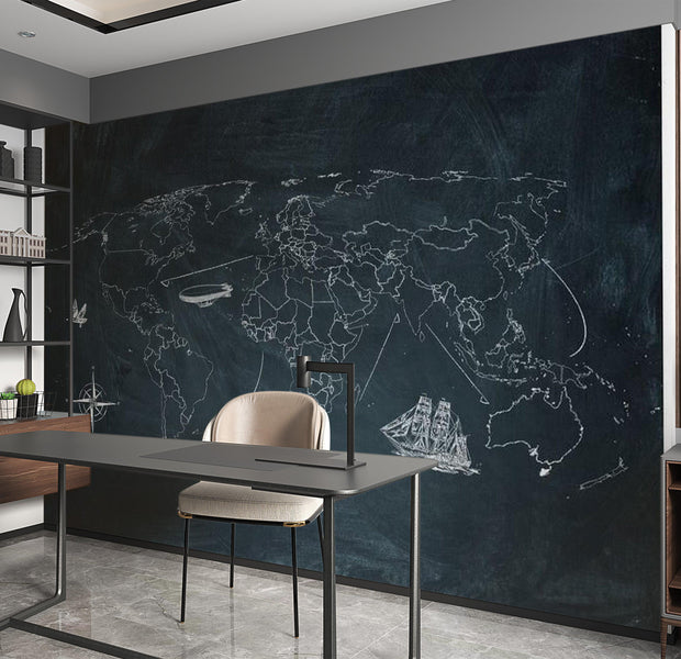 World Map Wallpaper Wall Mural - Map On Black Schoolboard