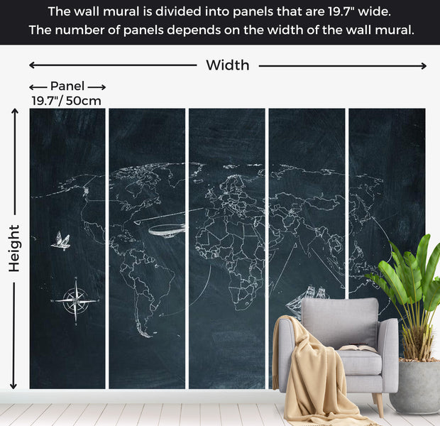 World Map Wallpaper Wall Mural - Map On Black Schoolboard 118"Wx90"H