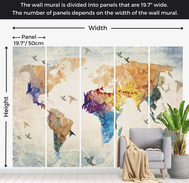 World Map Wallpaper Wall Mural - Paper Birds 118"Wx90"H