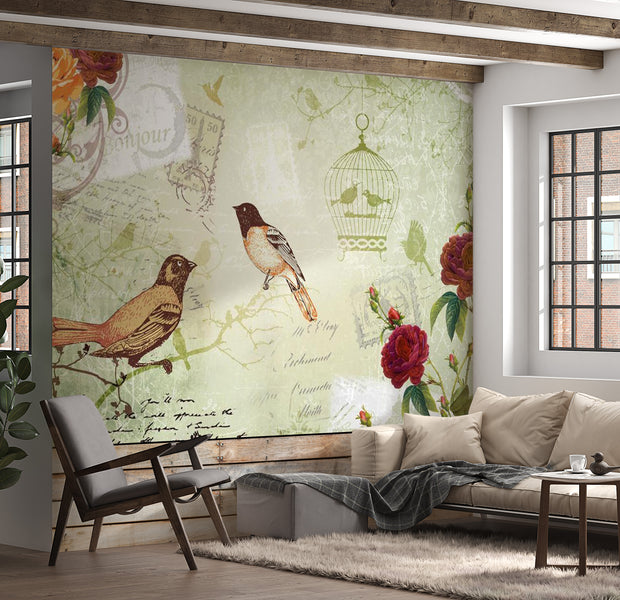 Animal Wallpaper Wall Mural - Vintage Birds 39"Wx27"H