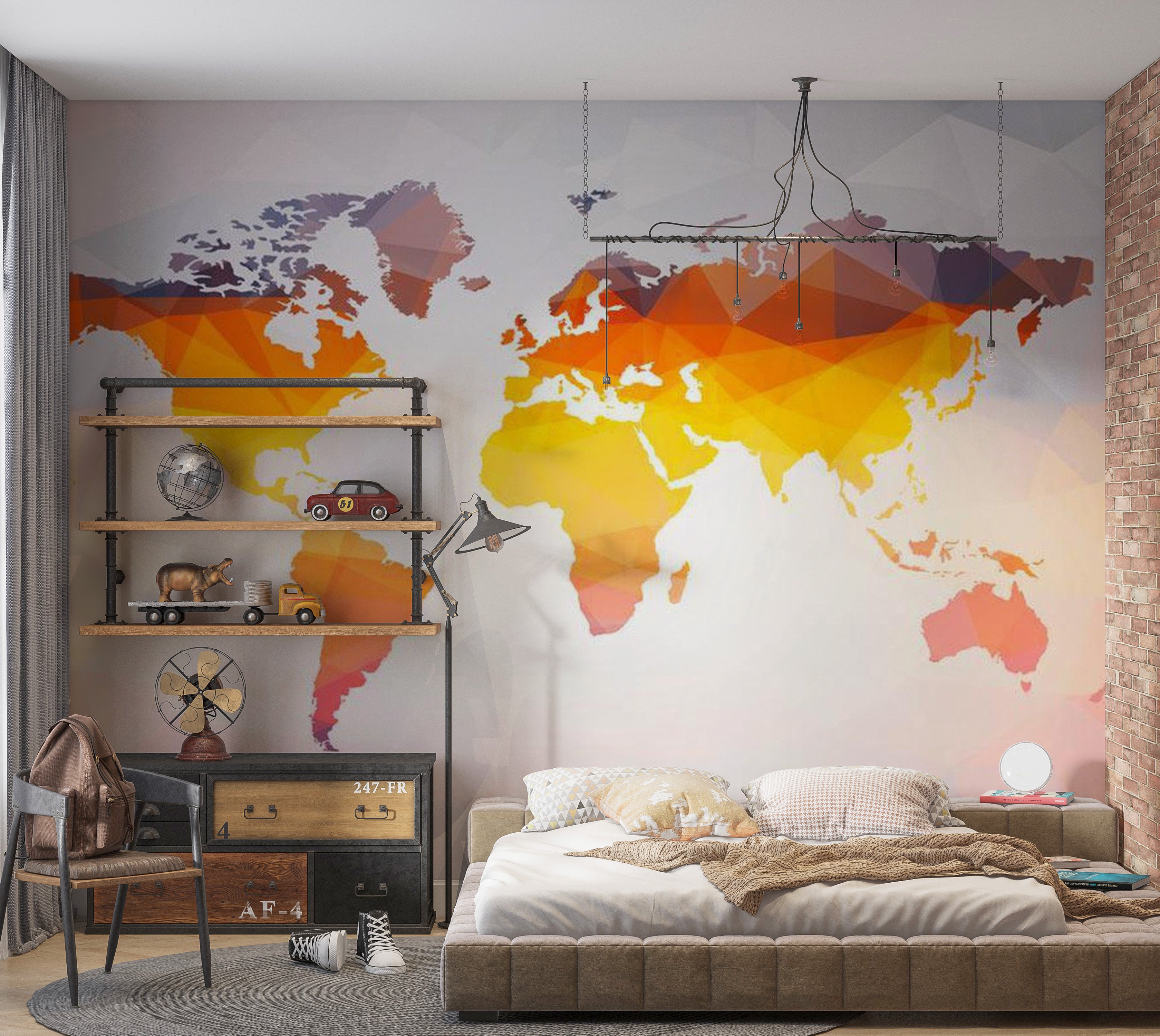 World Map Wallpaper Wall Mural - Bright Geometric Map 39"Wx27"H