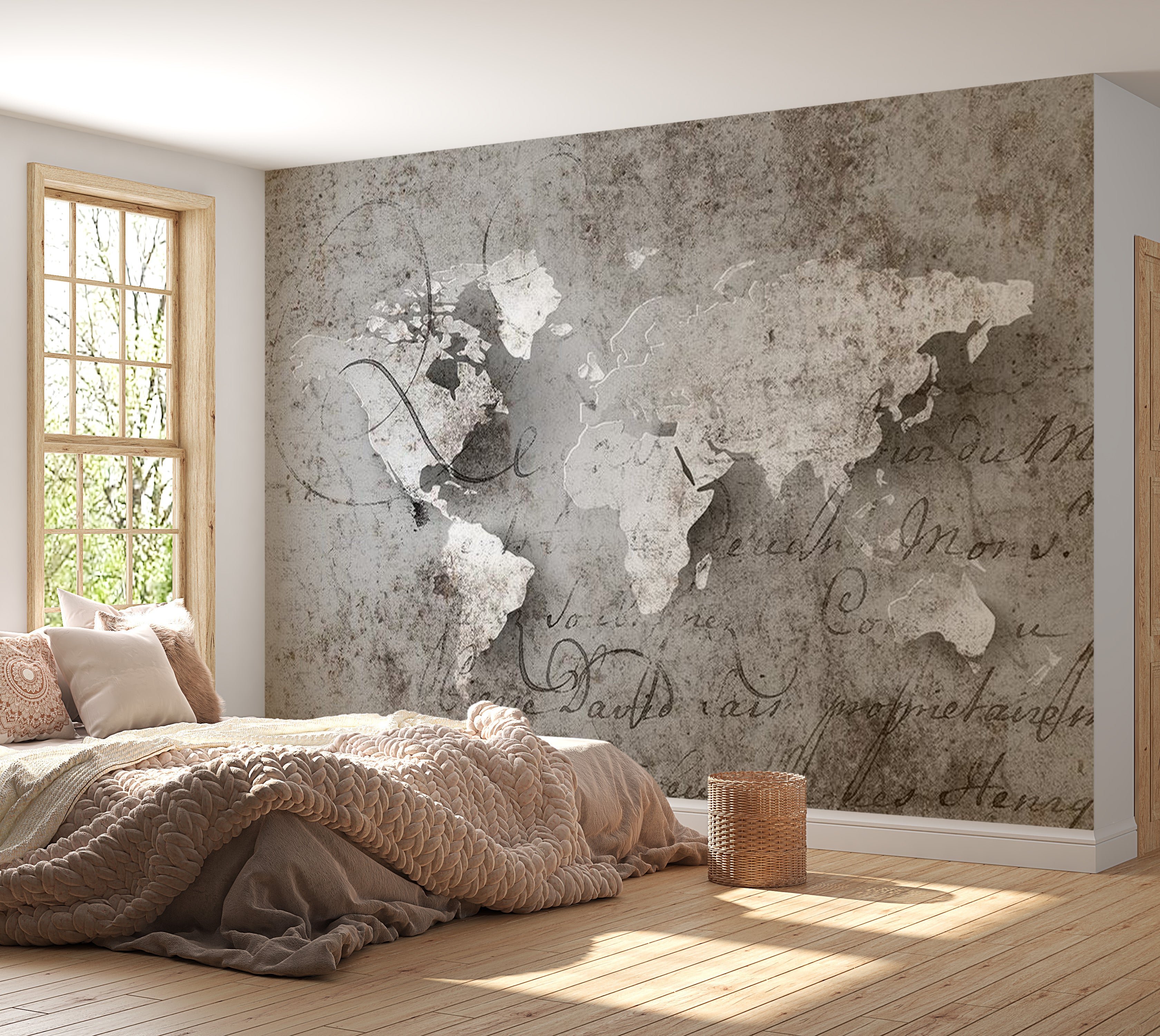 World Map Wallpaper Wall Mural - Map & Old Text 39"Wx27"H