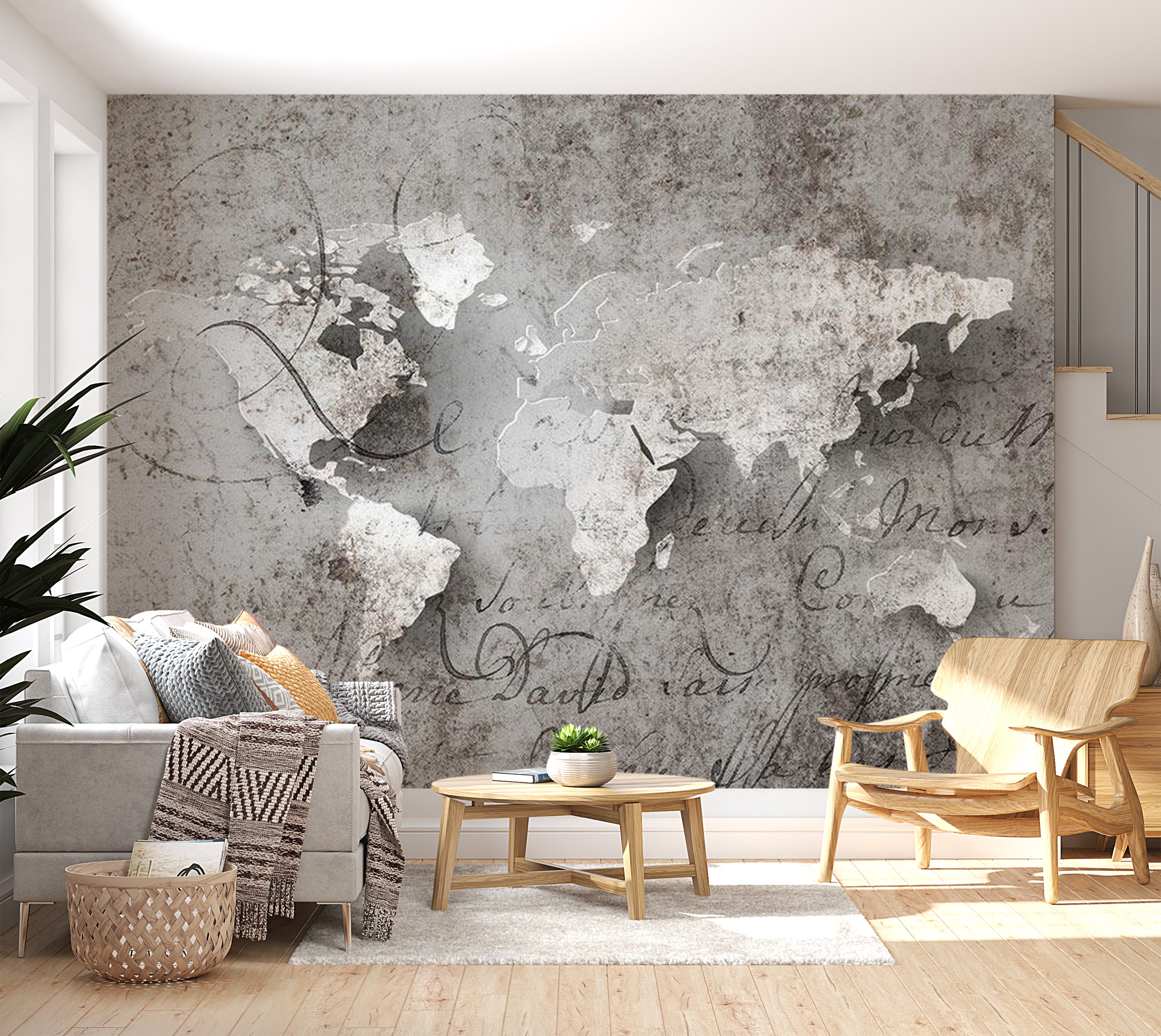 World Map Wallpaper Wall Mural - Map & Old Text 39"Wx27"H