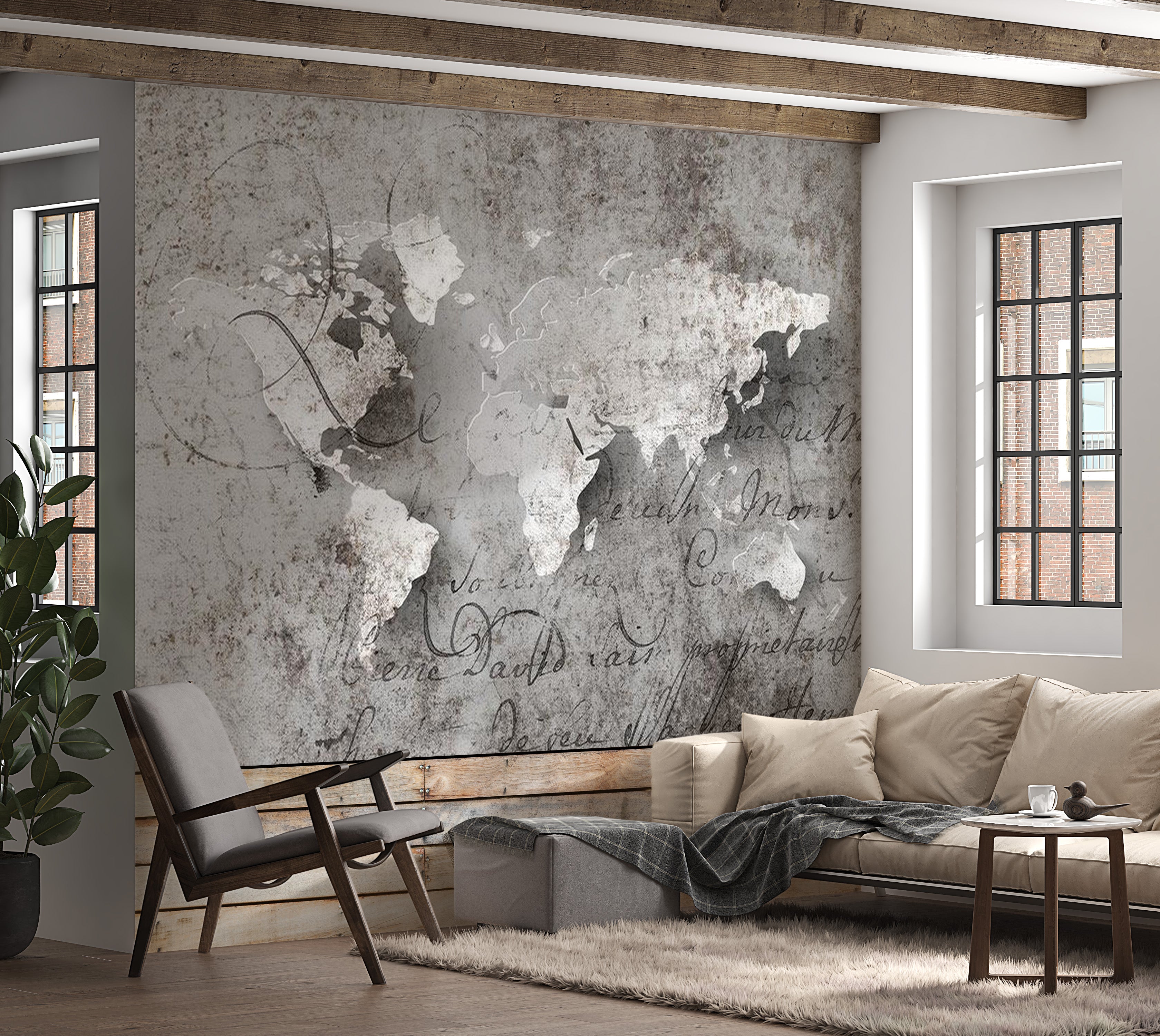 World Map Wallpaper Wall Mural - Map & Old Text 39"Wx27"H