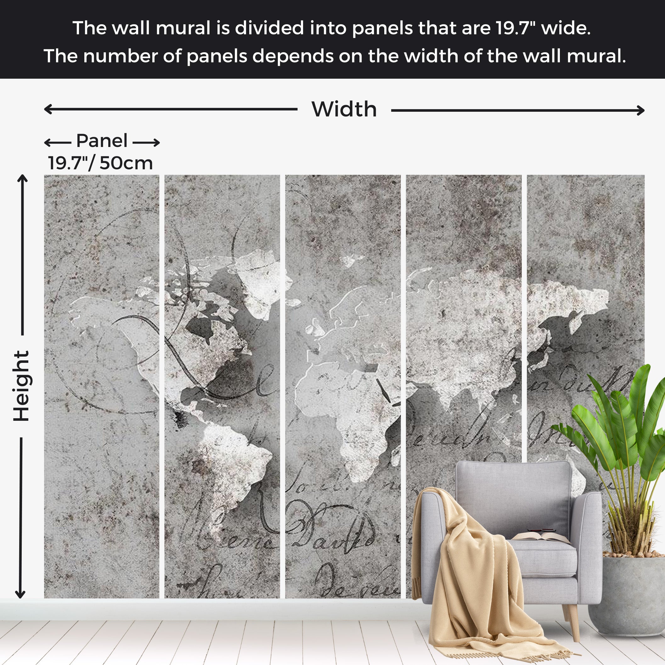 World Map Wallpaper Wall Mural - Map & Old Text 39"Wx27"H