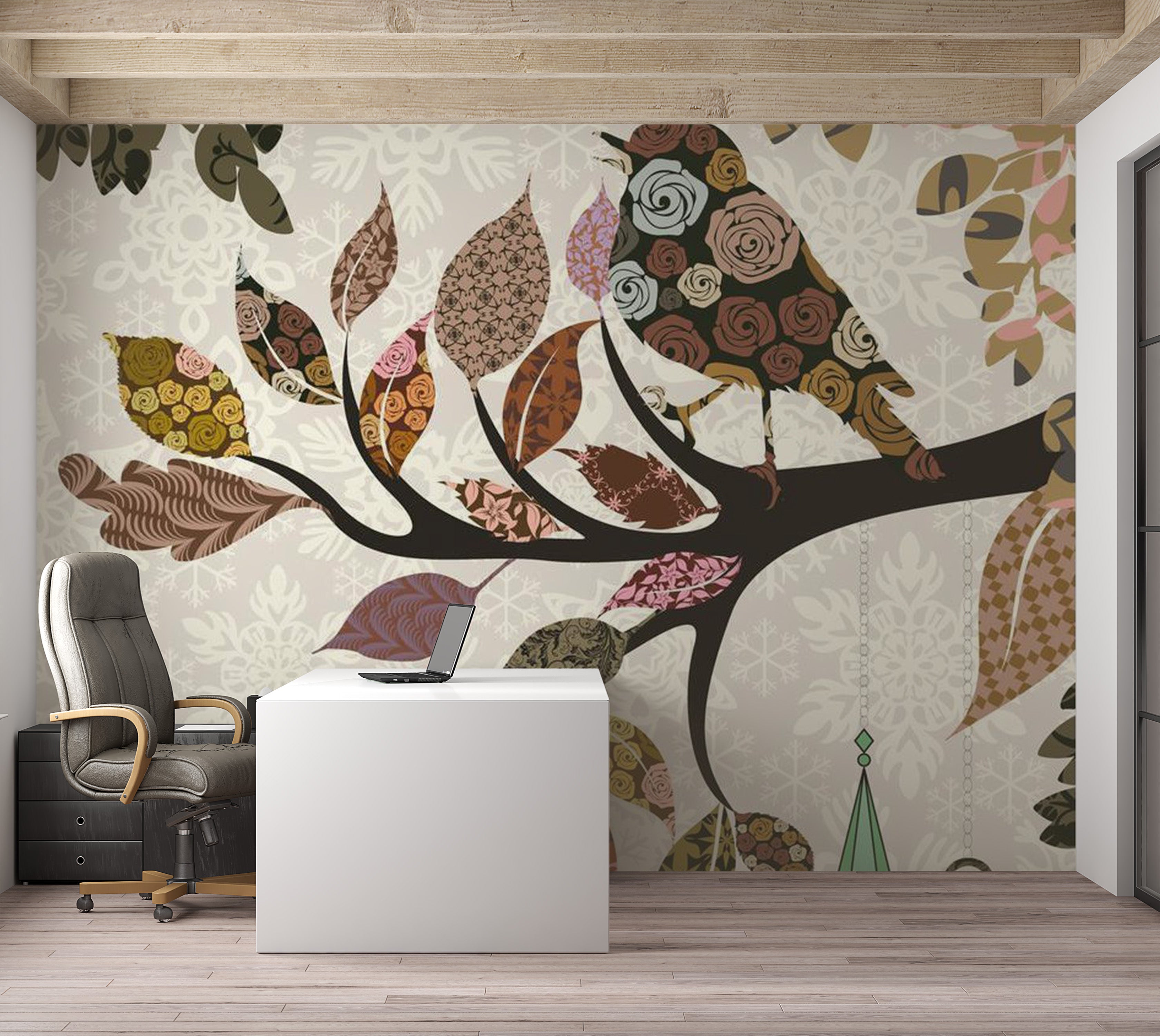 Animal Wallpaper Wall Mural - Tree Branch With Bird Patchwork 118"Wx90"H