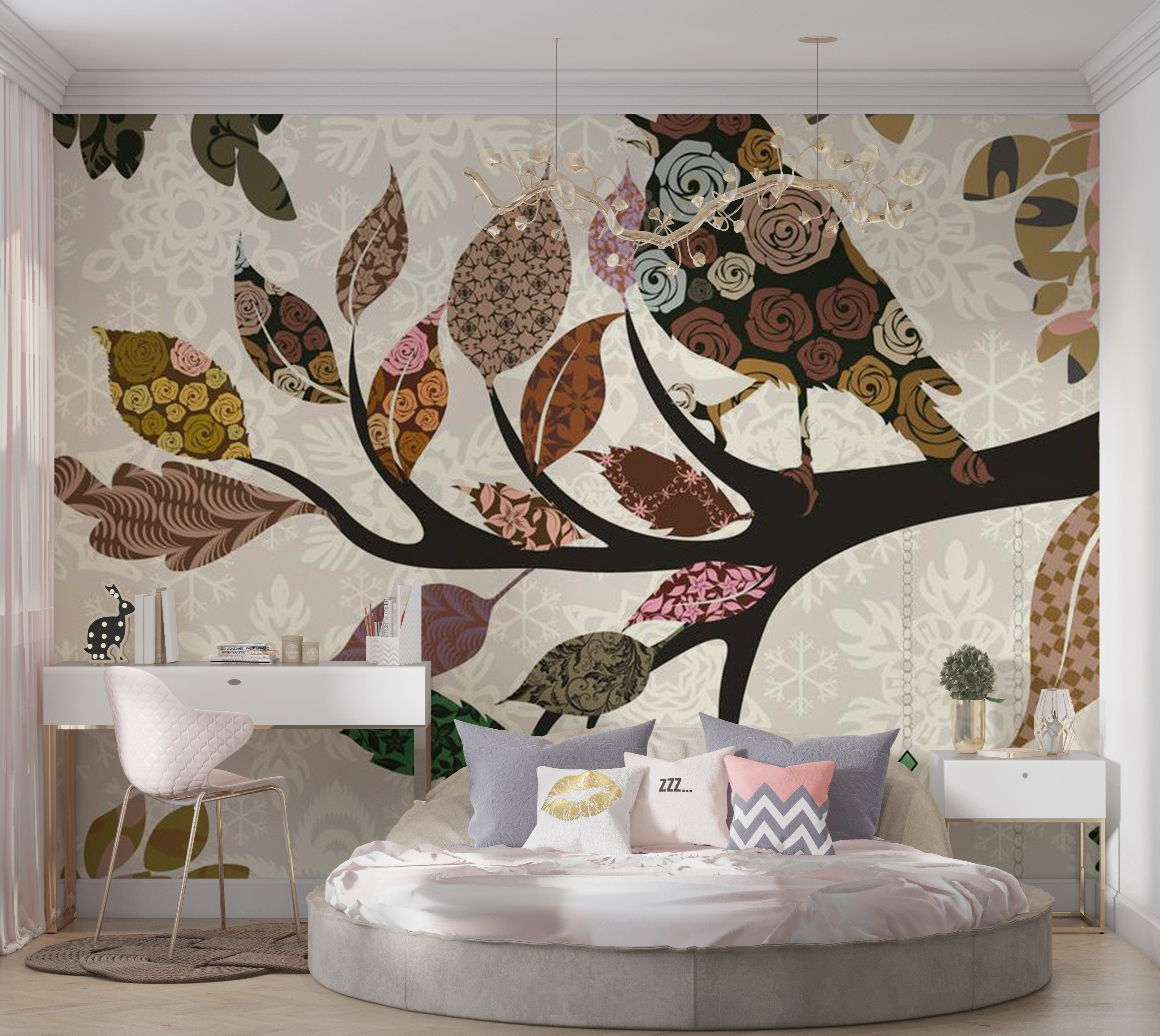 Animal Wallpaper Wall Mural - Tree Branch With Bird Patchwork 118"Wx90"H