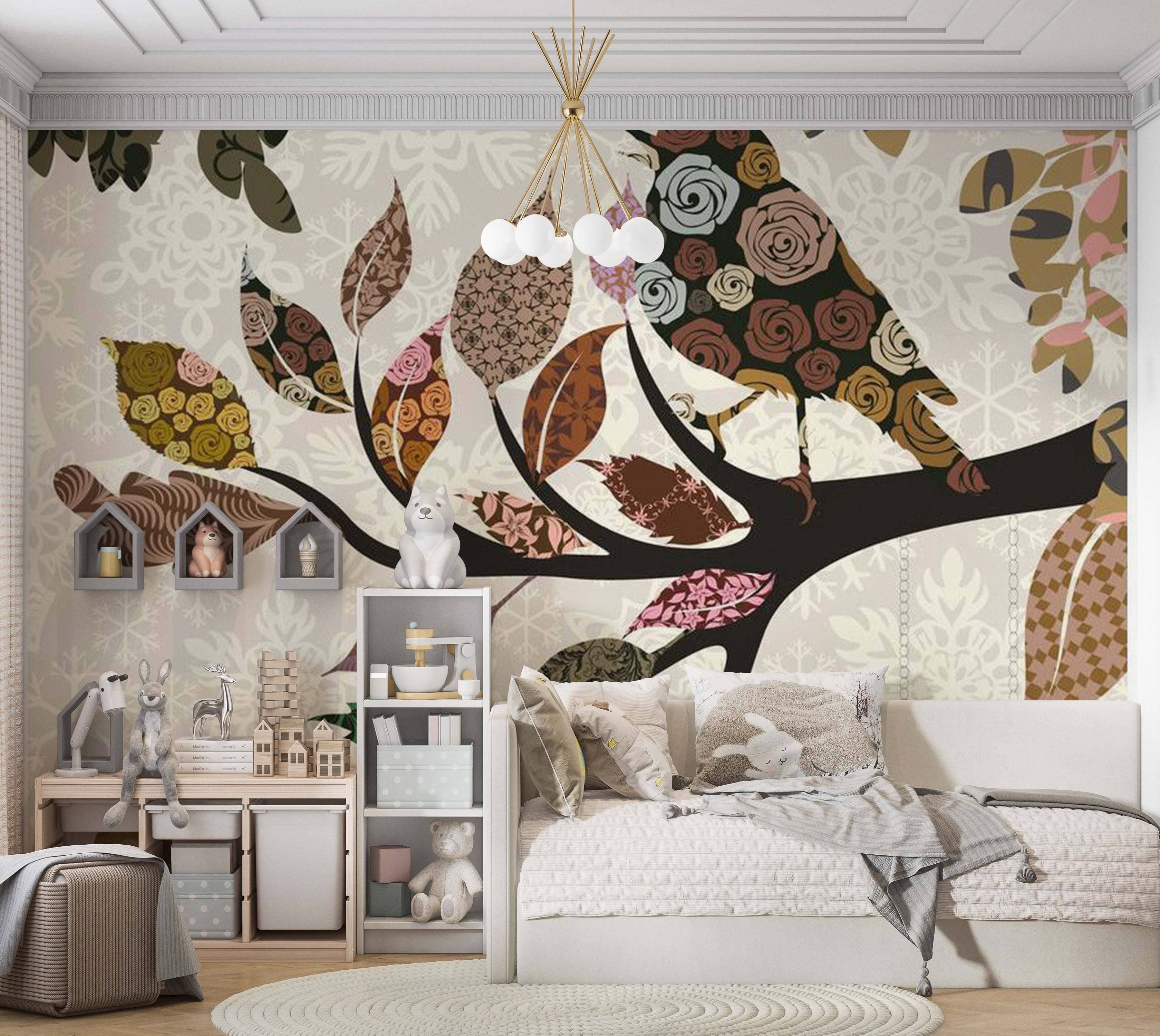 Animal Wallpaper Wall Mural - Tree Branch With Bird Patchwork 118"Wx90"H