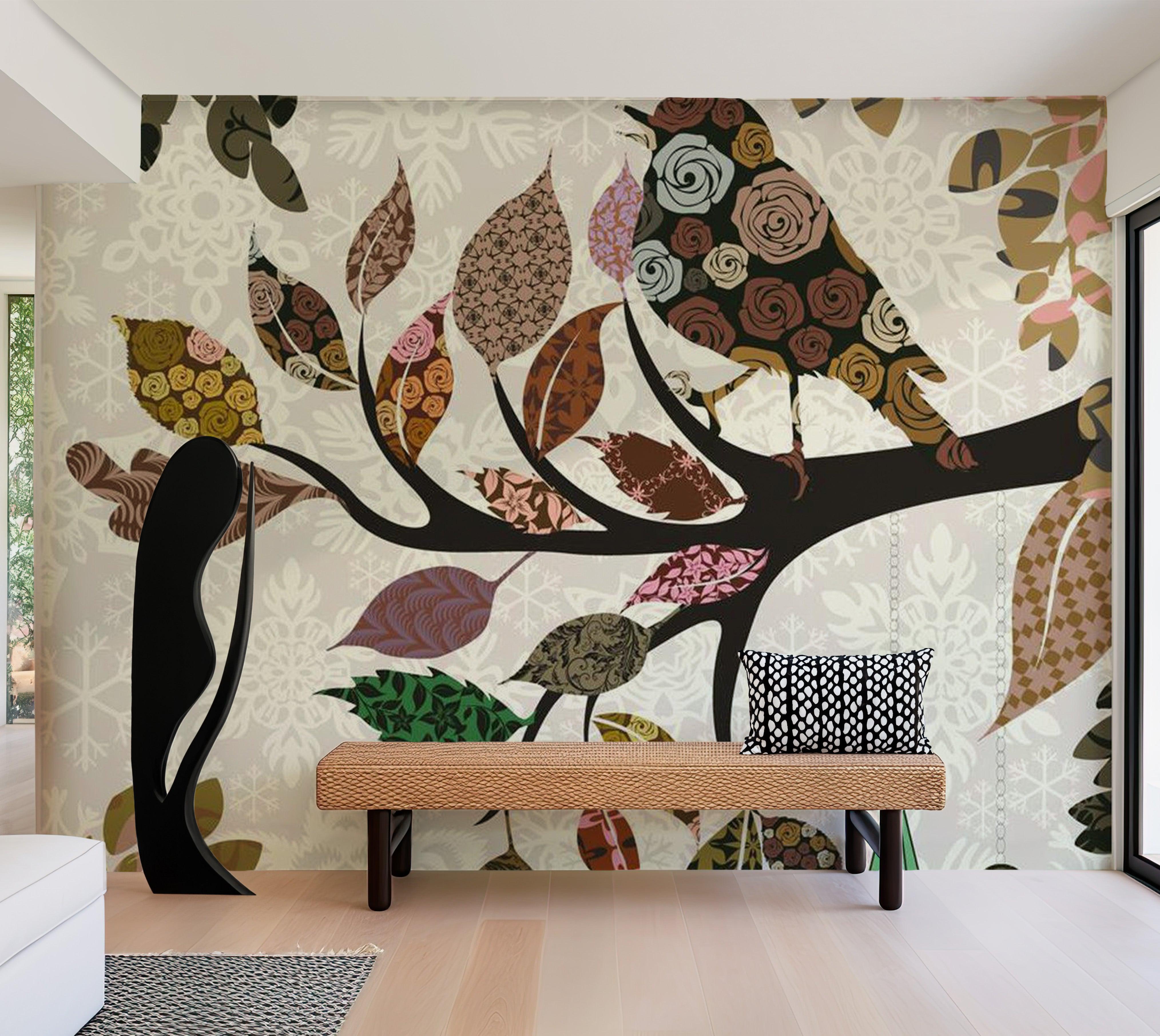 Animal Wallpaper Wall Mural - Tree Branch With Bird Patchwork