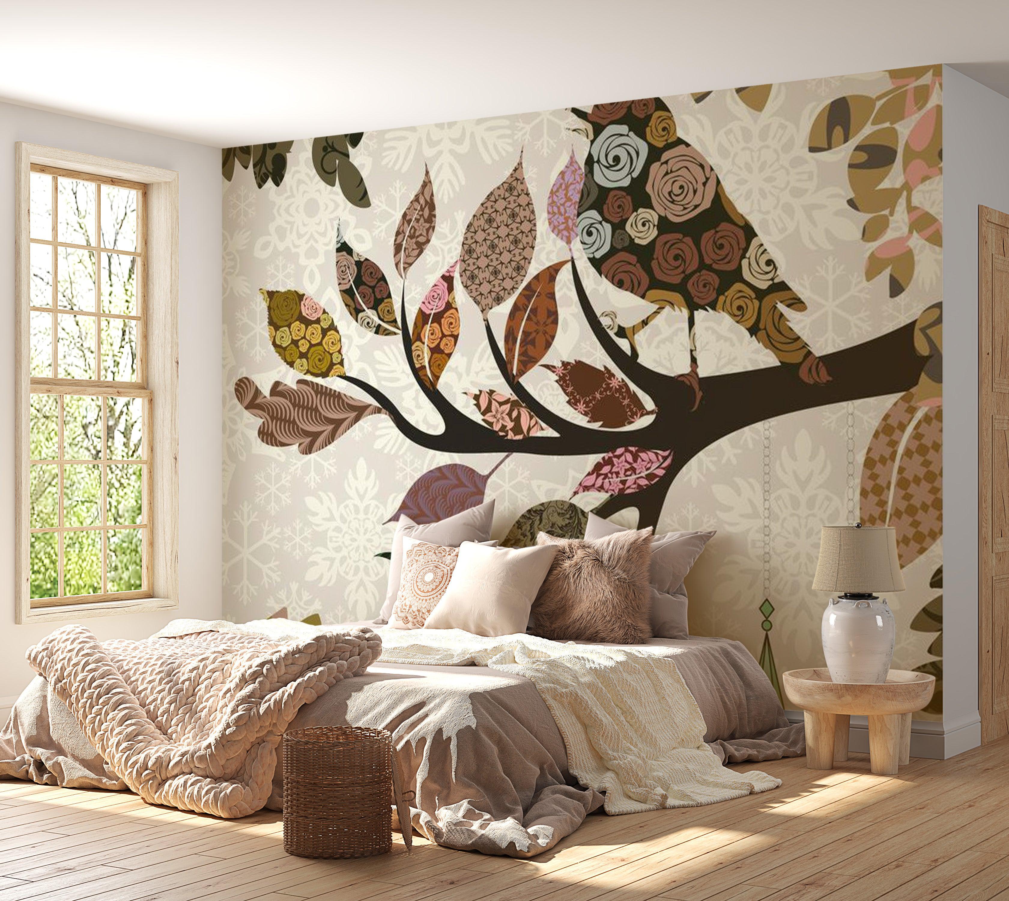 Animal Wallpaper Wall Mural - Tree Branch With Bird Patchwork