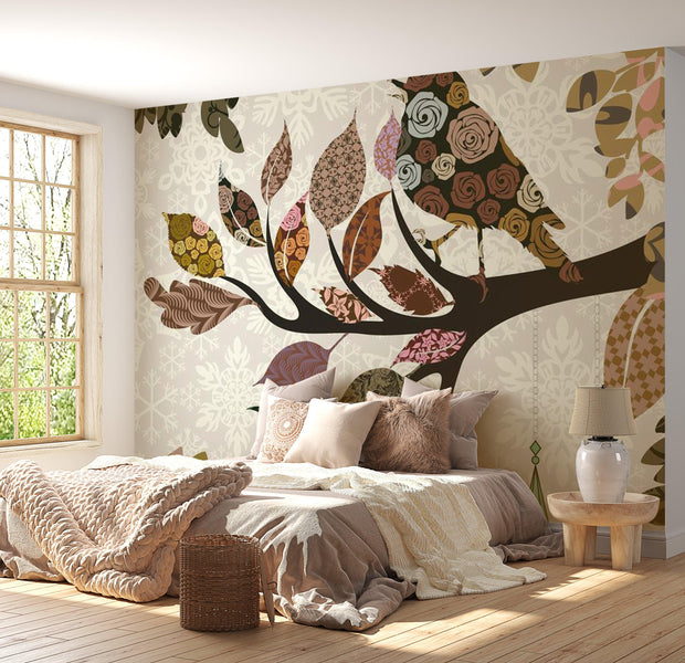 Animal Wallpaper Wall Mural - Tree Branch With Bird Patchwork