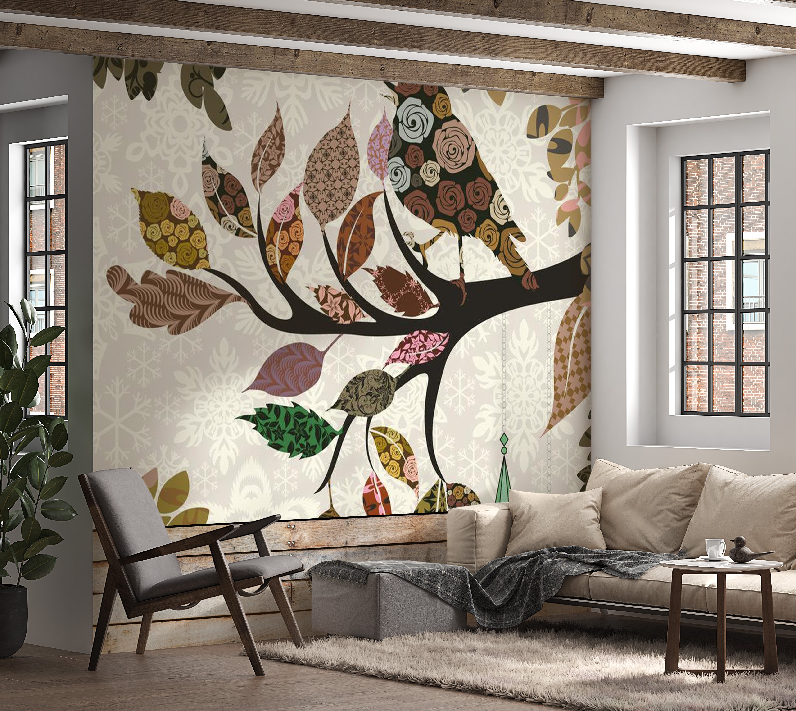 Animal Wallpaper Wall Mural - Tree Branch With Bird Patchwork 118"Wx90"H