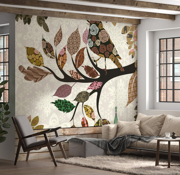 Animal Wallpaper Wall Mural - Tree Branch With Bird Patchwork 118"Wx90"H
