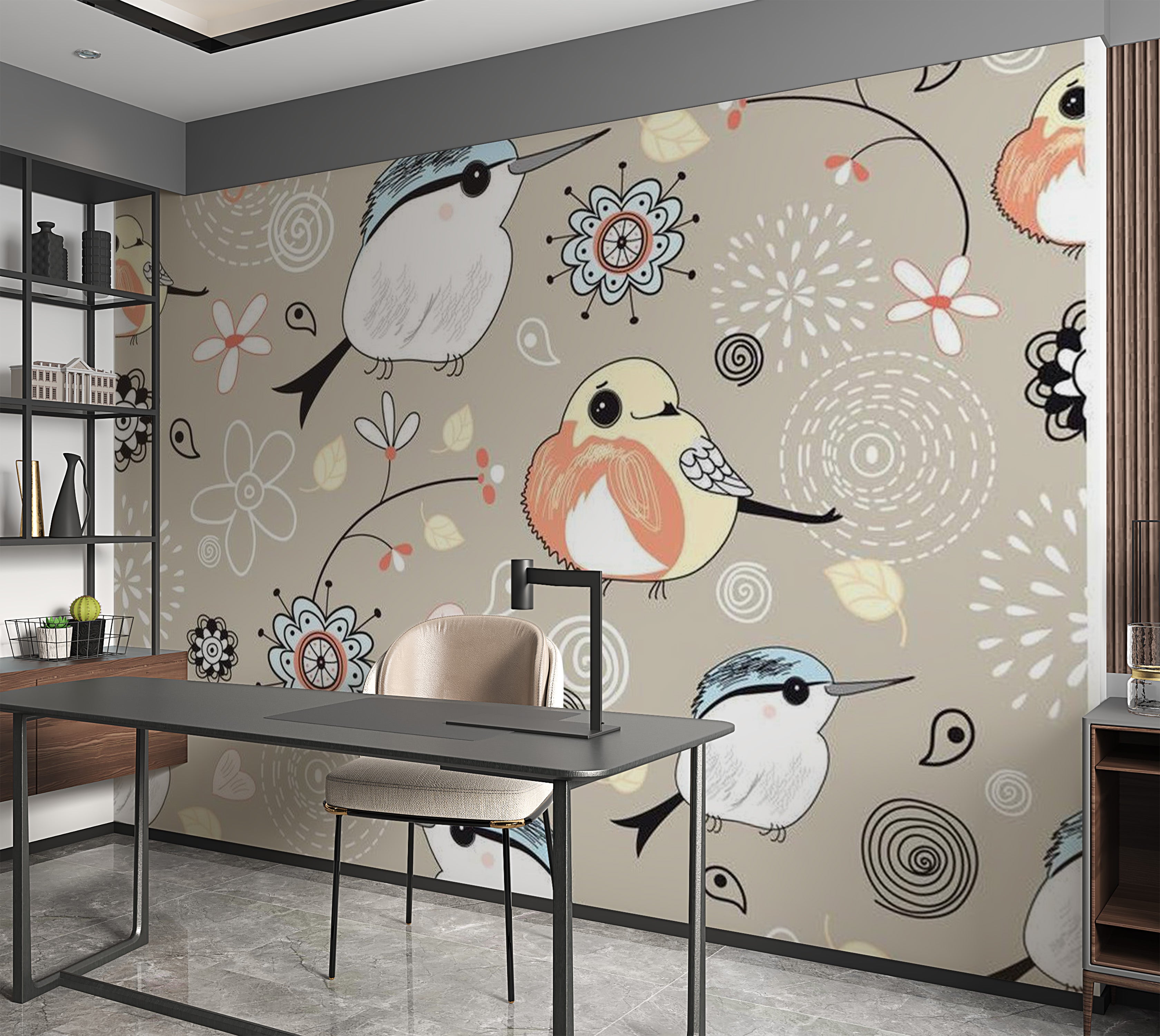 Animal Wallpaper Wall Mural - Natural Pattern With Birds 118"Wx90"H