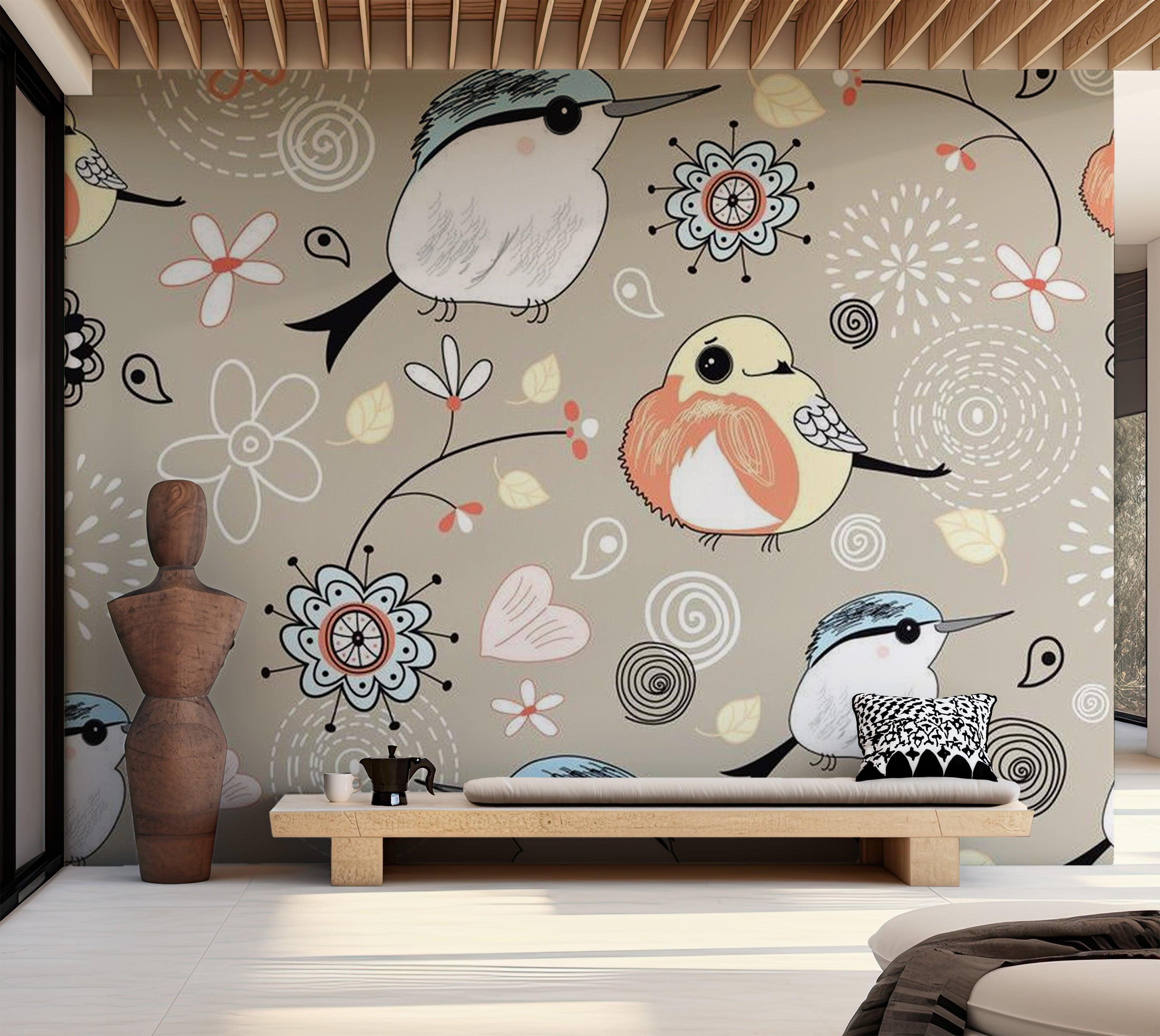 Animal Wallpaper Wall Mural - Natural Pattern With Birds