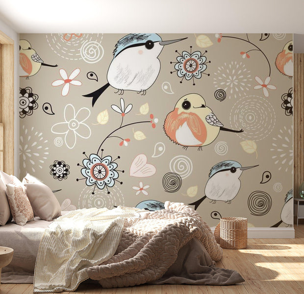 Animal Wallpaper Wall Mural - Natural Pattern With Birds
