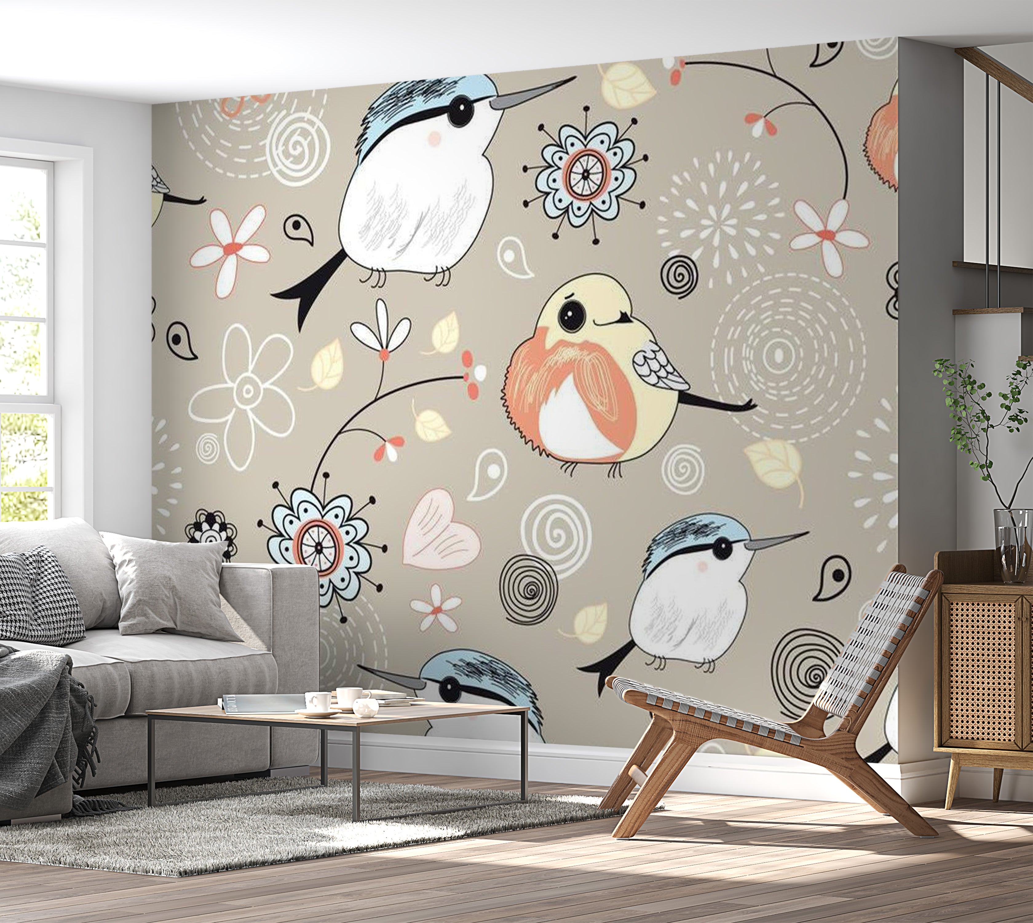 Animal Wallpaper Wall Mural - Natural Pattern With Birds 118"Wx90"H