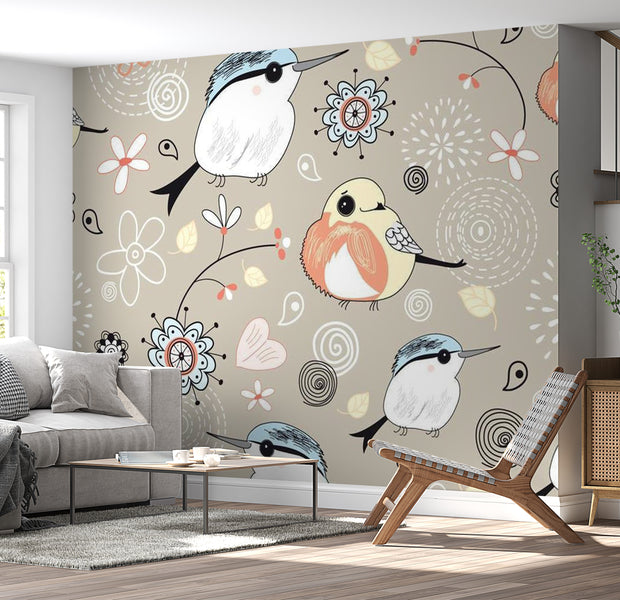 Animal Wallpaper Wall Mural - Natural Pattern With Birds 118"Wx90"H
