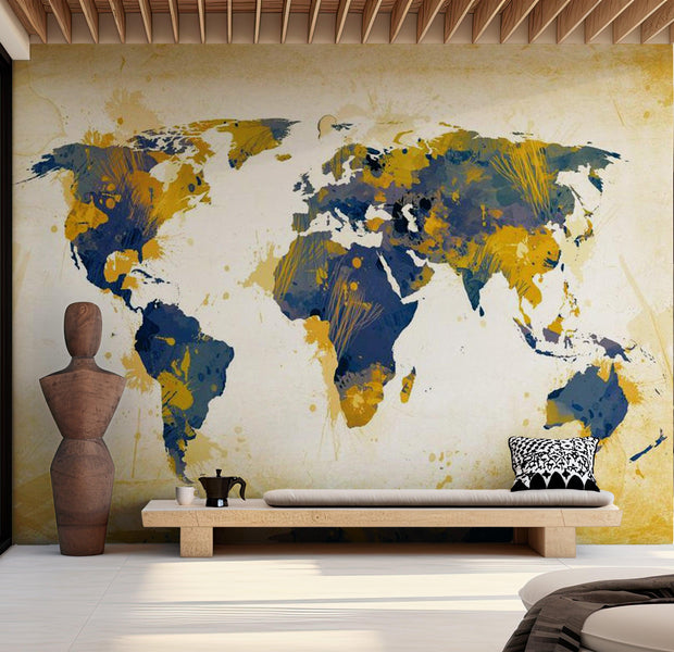 World Map Wallpaper Wall Mural - Map In Blue & Yellow