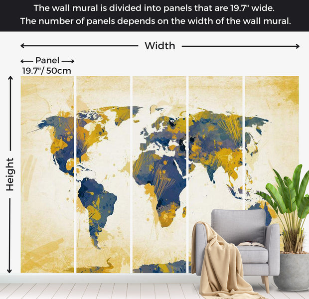 World Map Wallpaper Wall Mural - Map In Blue & Yellow 118"Wx90"H