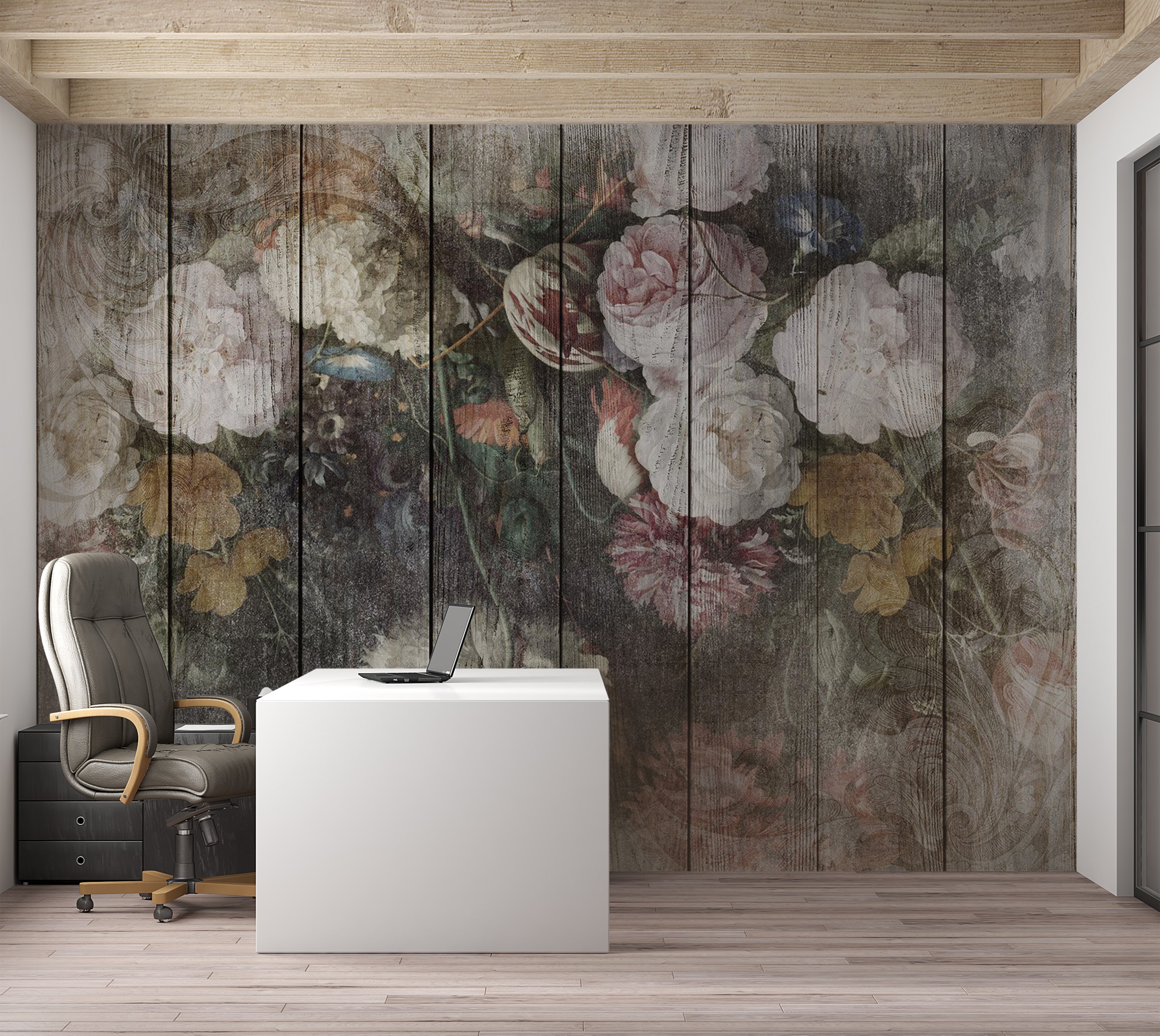 Floral Wallpaper Wall Mural - Vintage Flowers on Wood 39"Wx27"H / Standard
