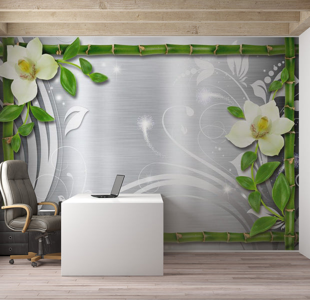 Zen Wallpaper Wall Mural - Bamboo And Two Orchids 39"Wx27"H