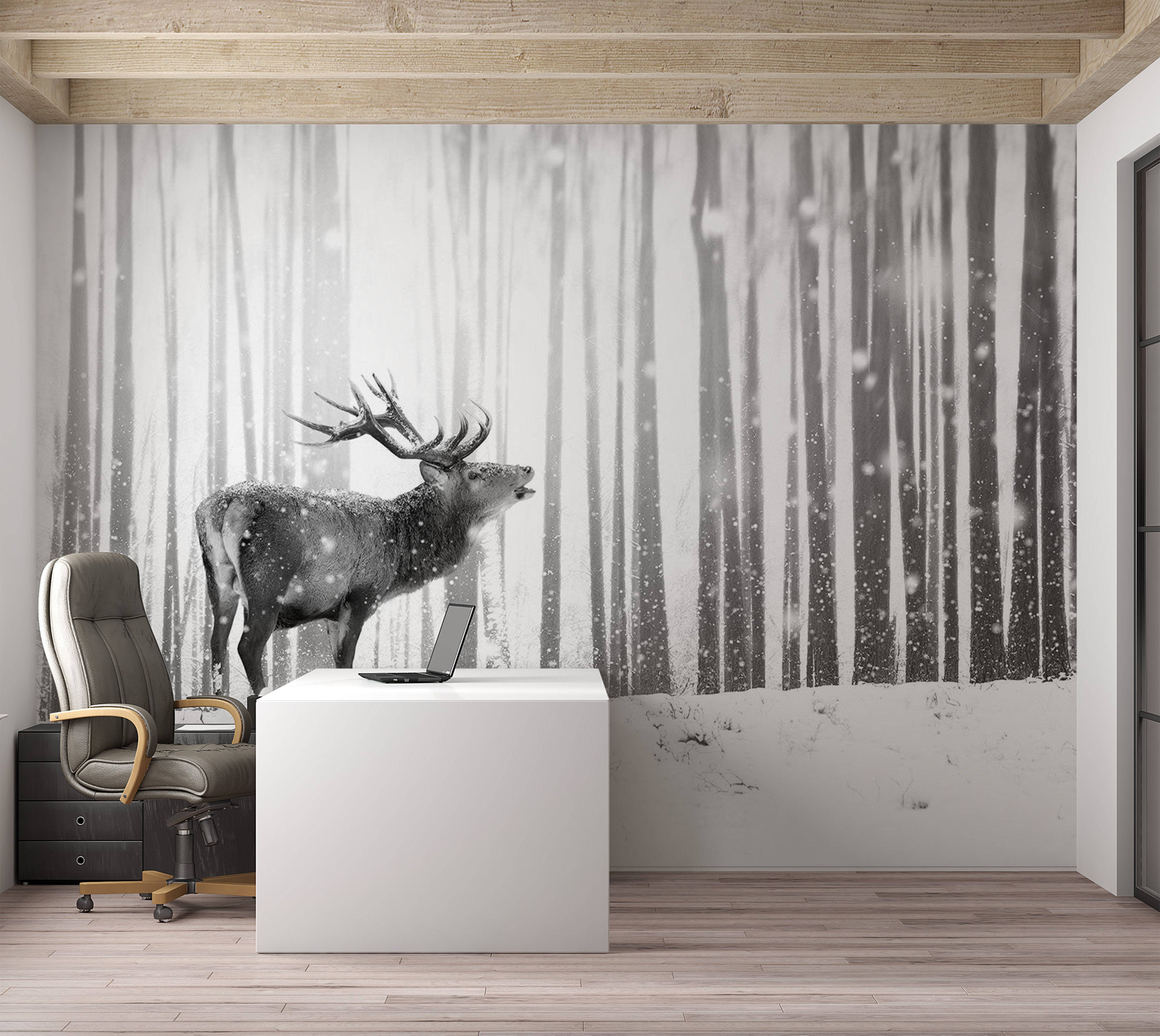 Animal Wallpaper Wall Mural - Deer In The Snow Black And White 39"Wx27"H