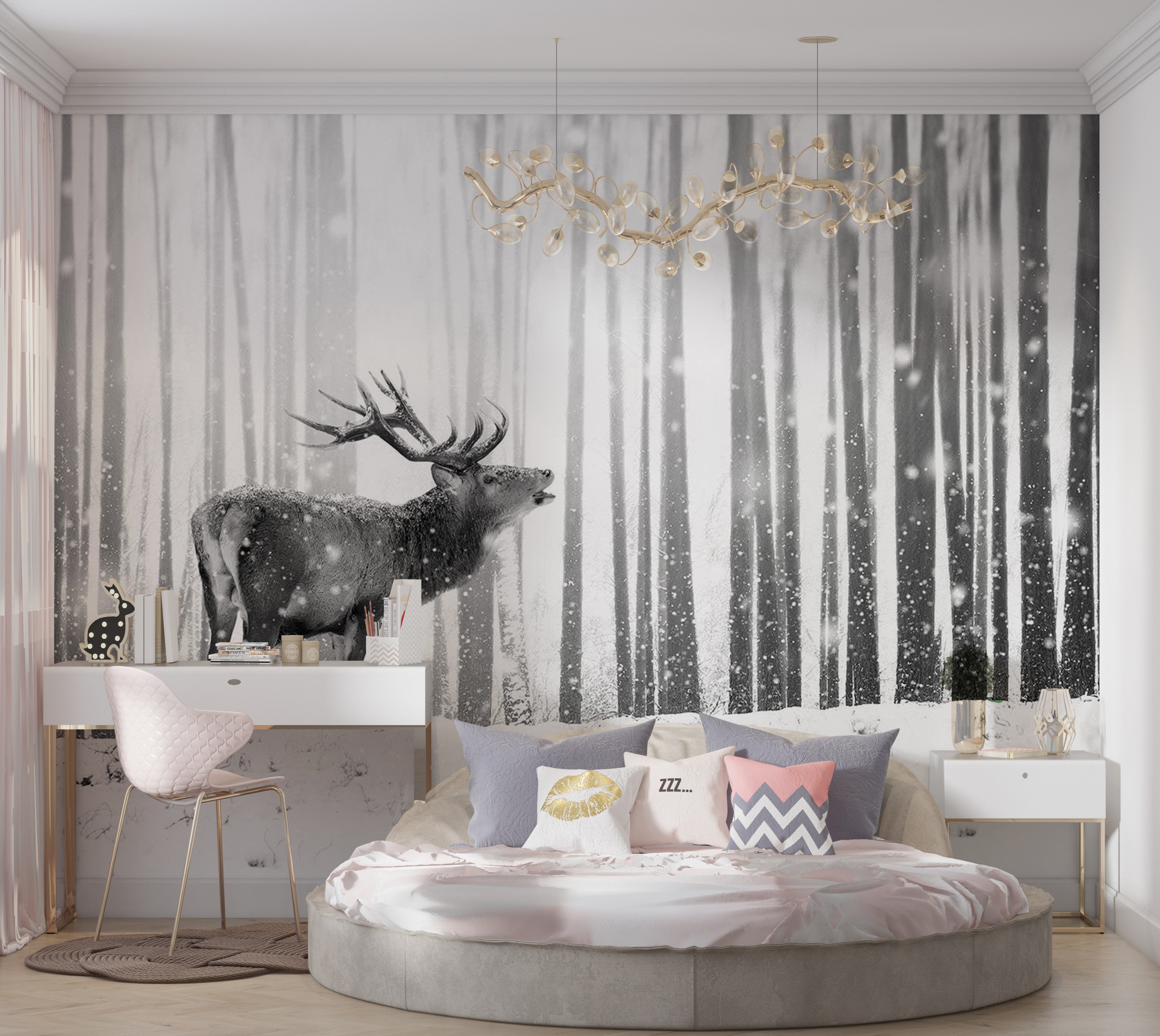 Animal Wallpaper Wall Mural - Deer In The Snow Black And White 39"Wx27"H