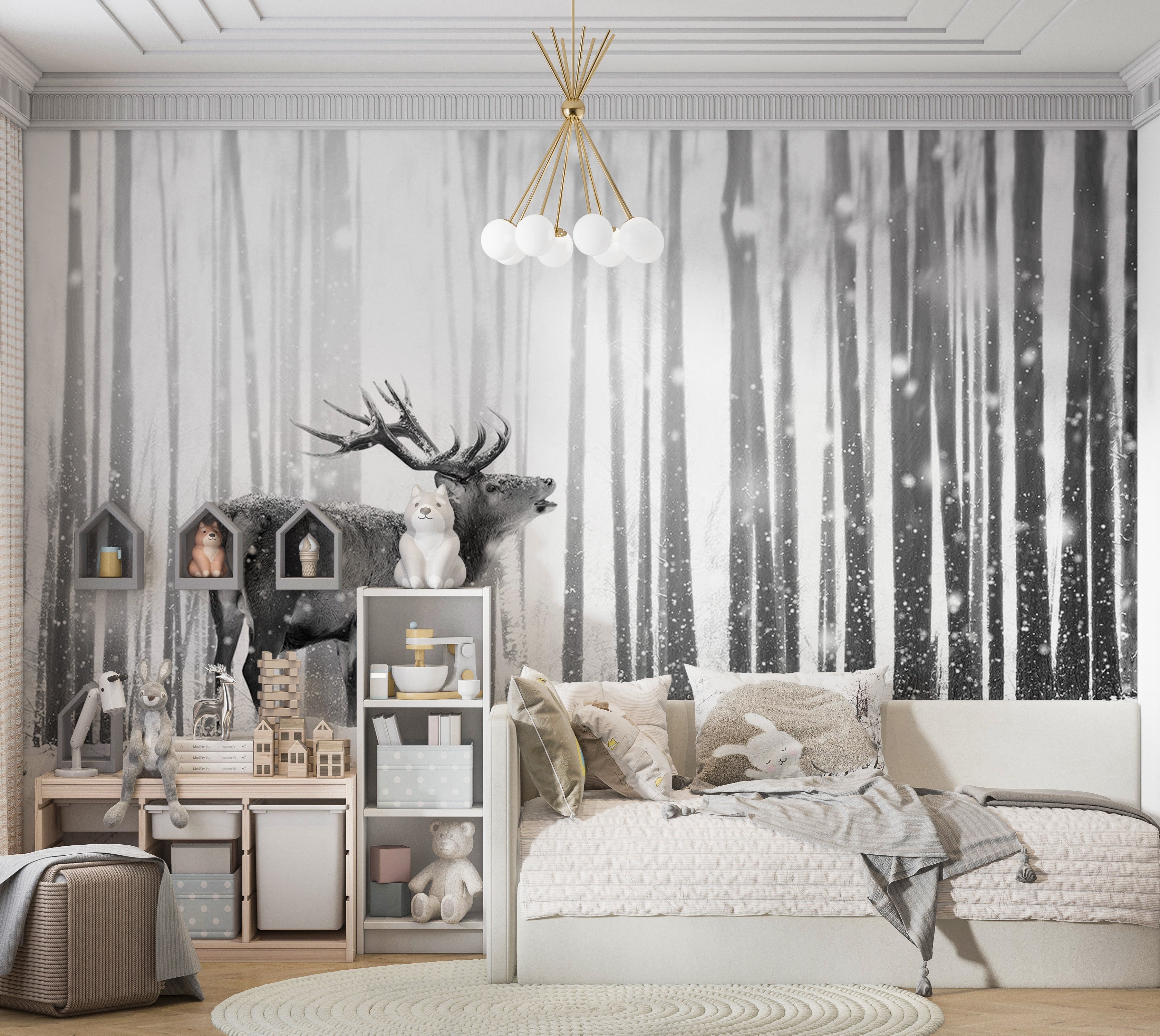 Animal Wallpaper Wall Mural - Deer In The Snow Black And White 39"Wx27"H