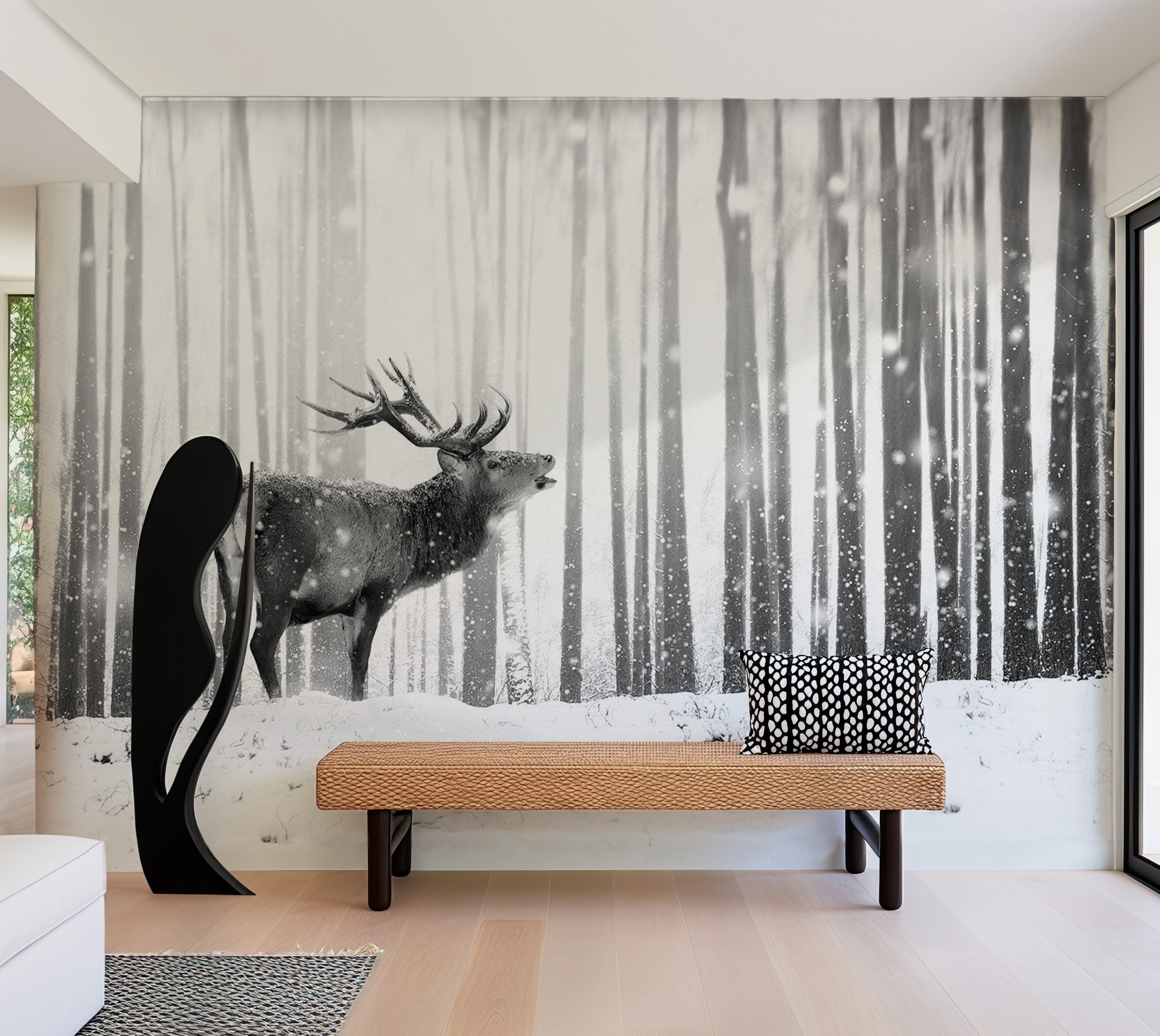 Animal Wallpaper Wall Mural - Deer In The Snow Black And White