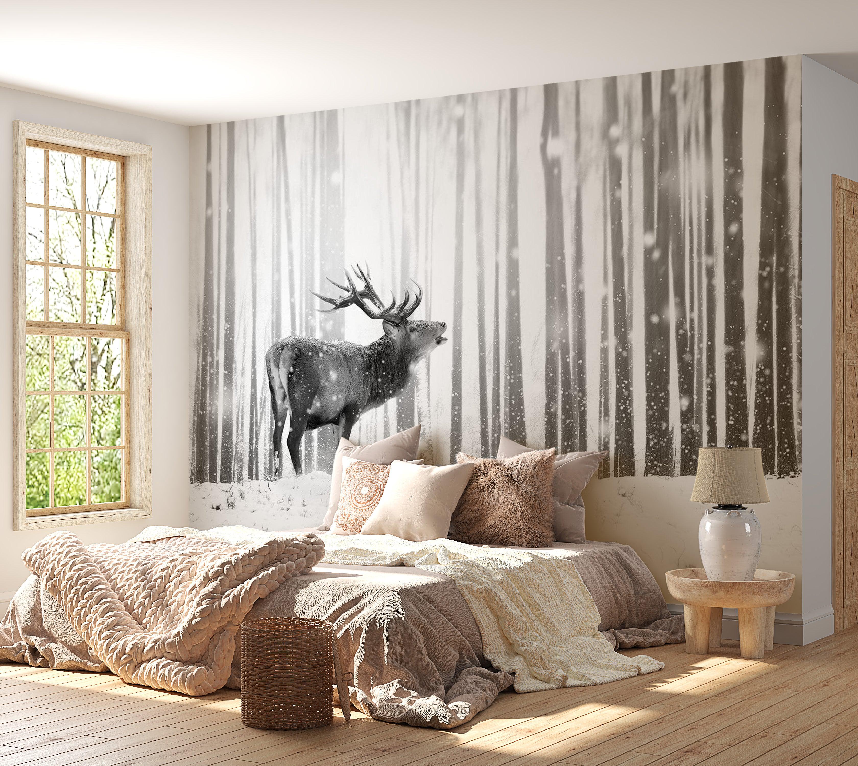 Animal Wallpaper Wall Mural - Deer In The Snow Black And White