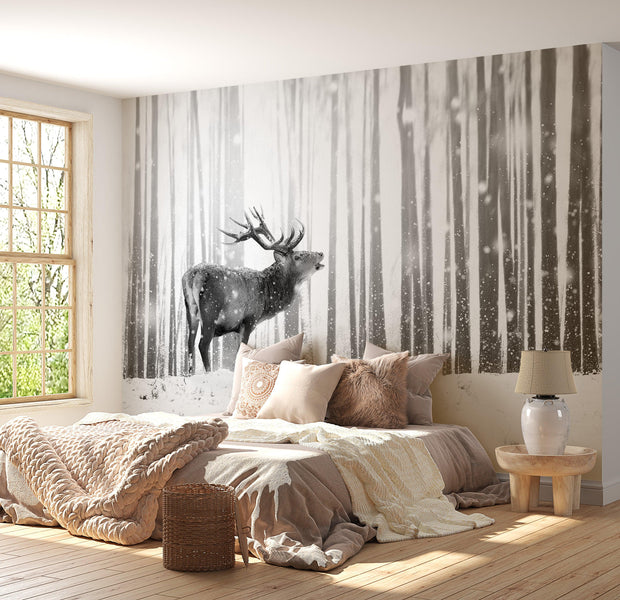 Animal Wallpaper Wall Mural - Deer In The Snow Black And White
