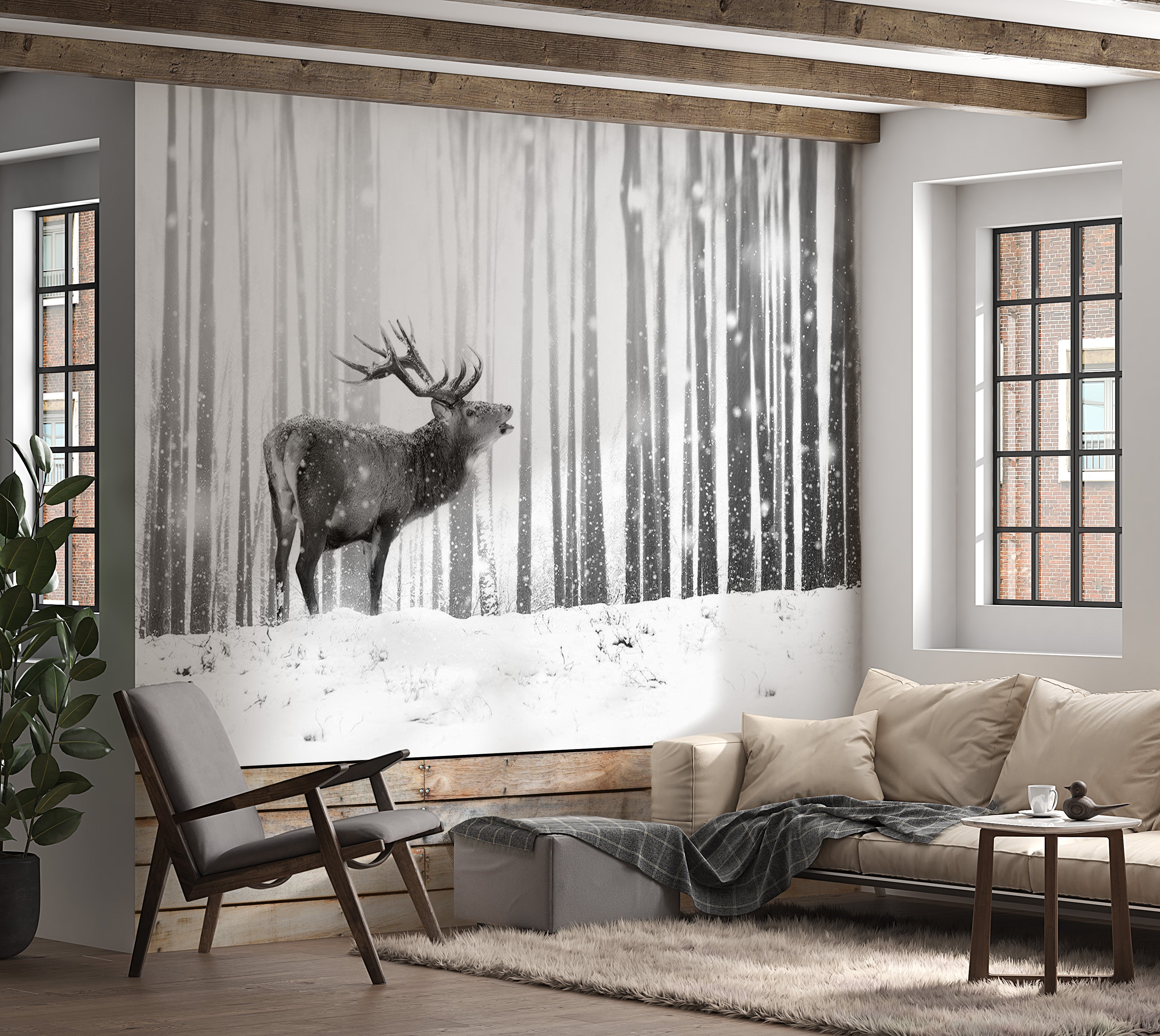 Animal Wallpaper Wall Mural - Deer In The Snow Black And White 39"Wx27"H