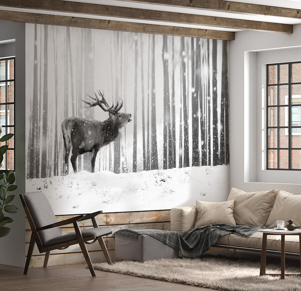 Animal Wallpaper Wall Mural - Deer In The Snow Black And White 39"Wx27"H