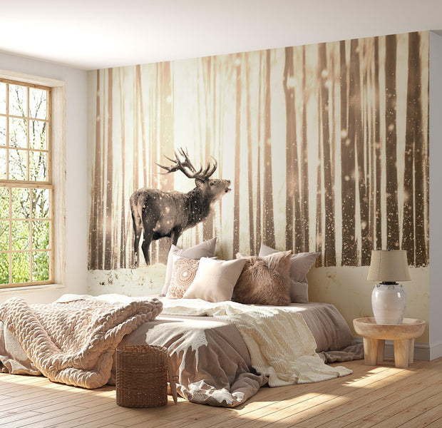 Animal Wallpaper Wall Mural - Deer In The Snow Sepia