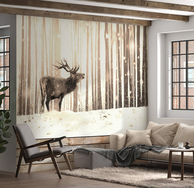 Animal Wallpaper Wall Mural - Deer In The Snow Sepia 39"Wx27"H